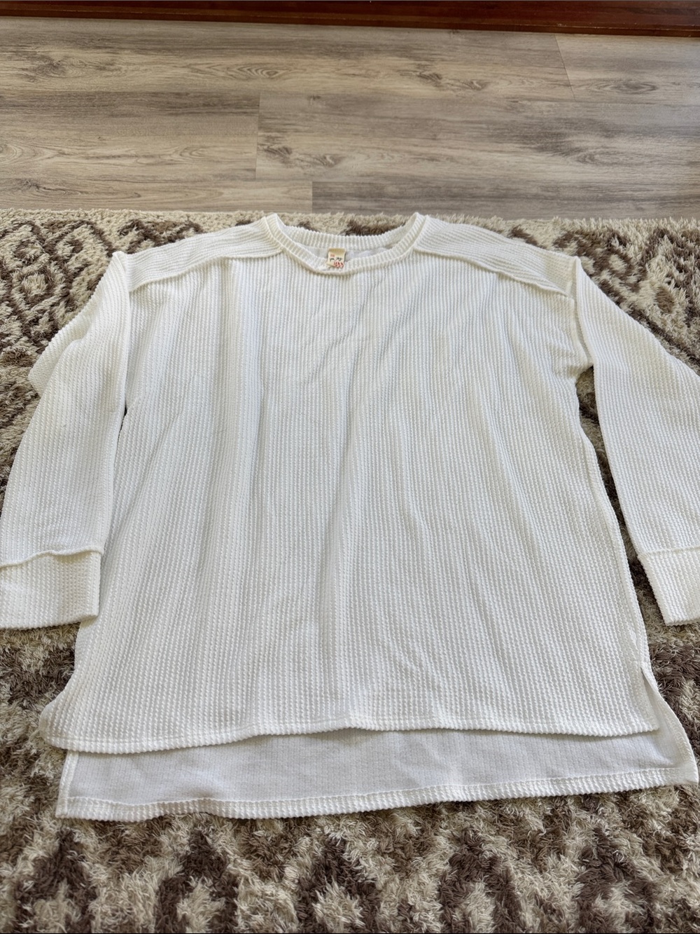 7th Ray White Waffle-Knit Crewneck Long Sleeve Top